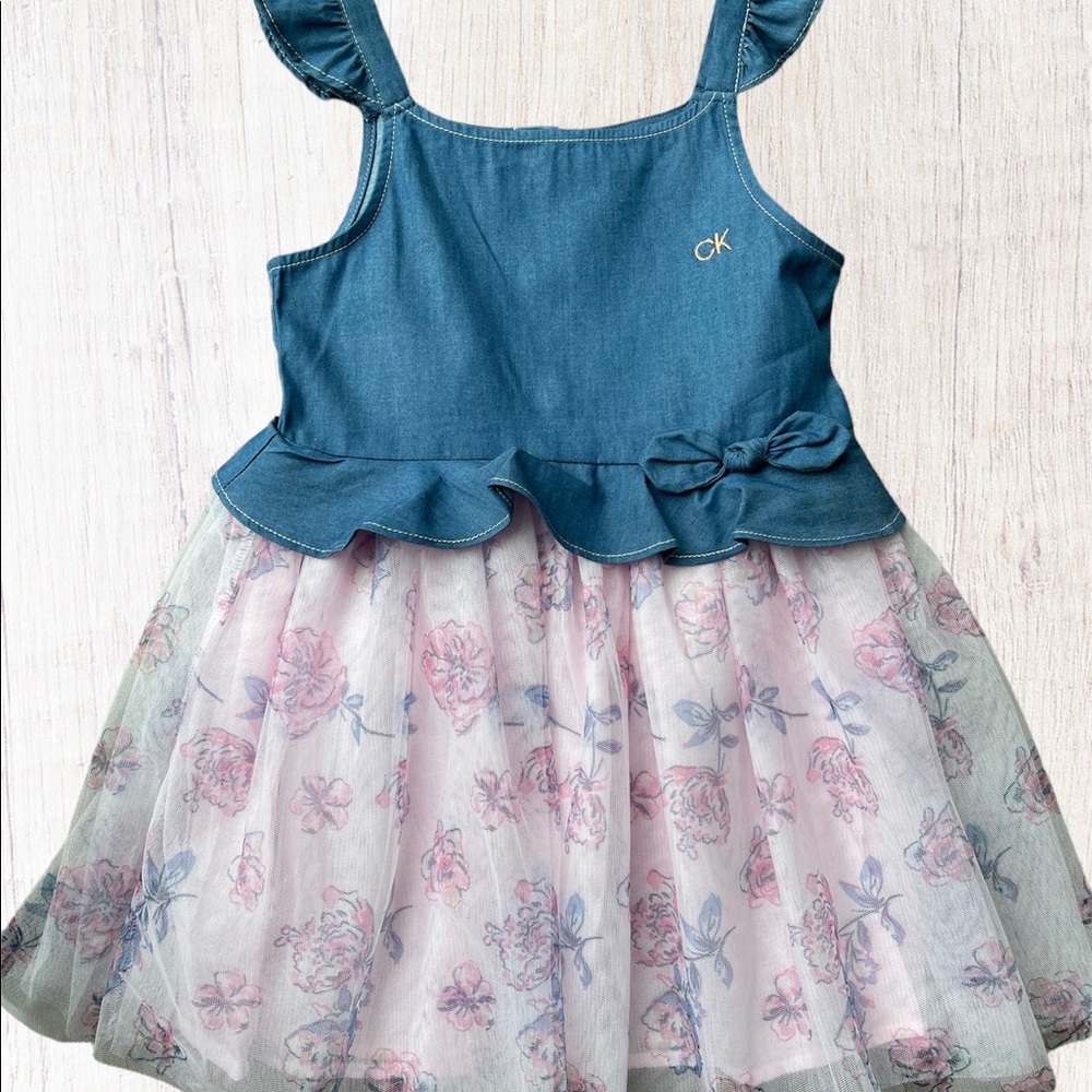 5 Girls Calvin Klein Denim Dress with Pink Flowers